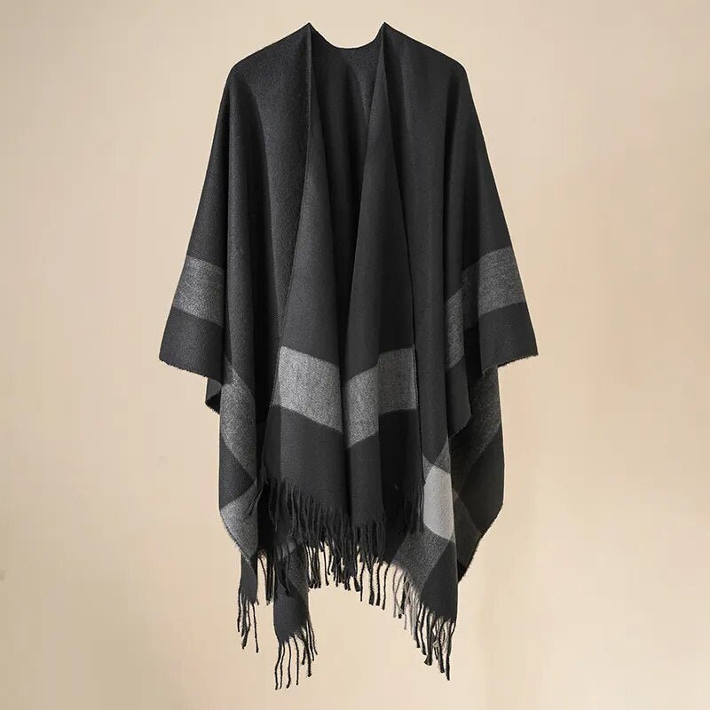 Poncho touché cachemire uni avec bande coloré - 14:193;5:200003528;200007763:201441035;200000934:203322820 - L'Atelier du Foulard