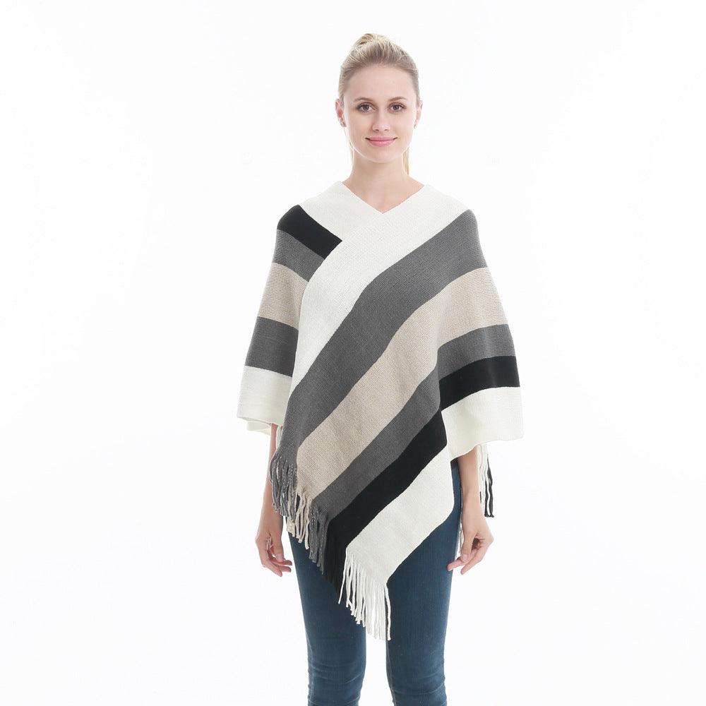 Poncho touchée cachemire bande de couleurs - 14:175#WT;5:200003528 - L'Atelier du Foulard