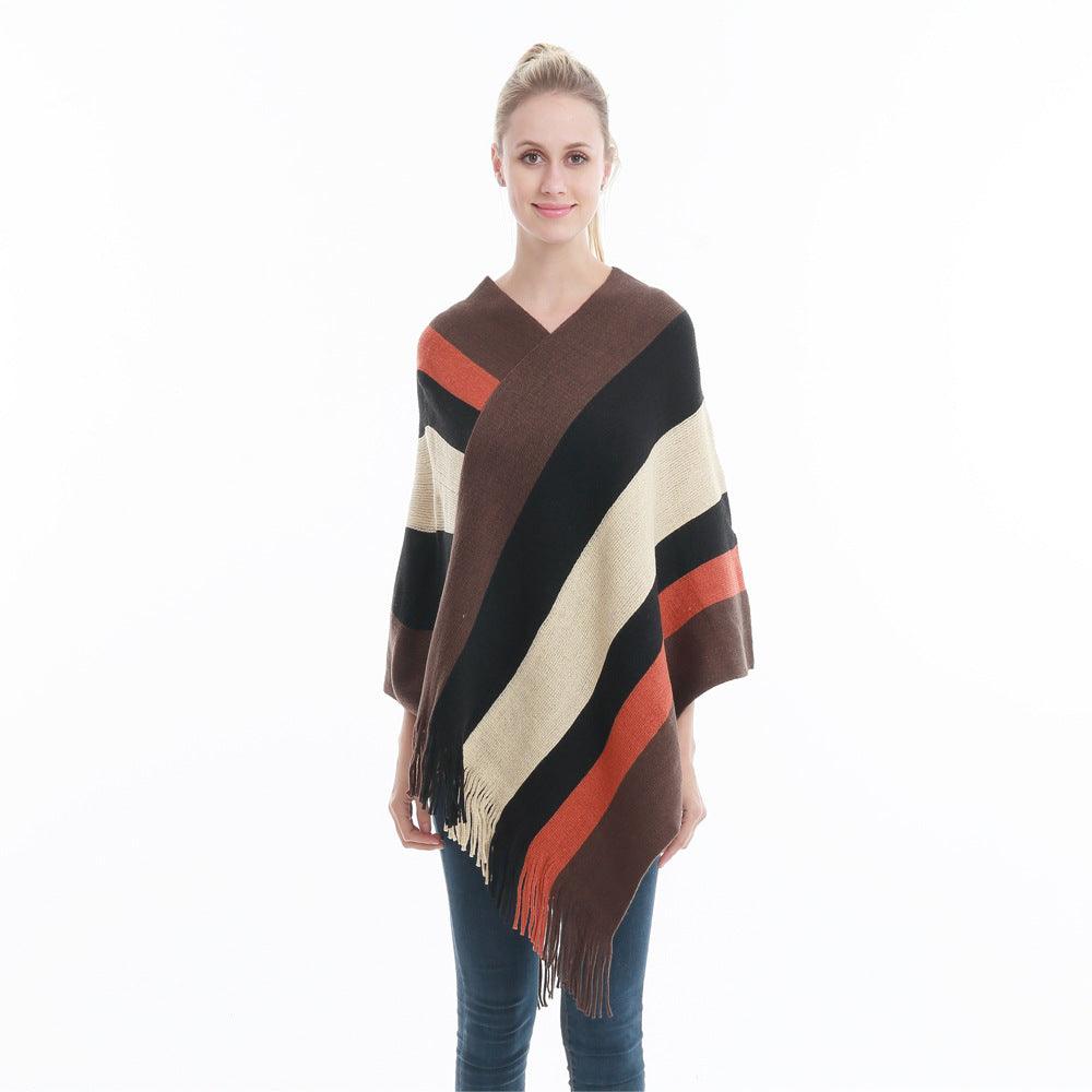 Poncho touchée cachemire bande de couleurs - 14:504#ND;5:200003528 - L'Atelier du Foulard